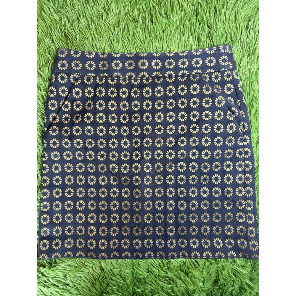 LOFT Skirt Women 0 Blue Gold Metallic Floral Jacquard Mini A-Line Pockets Zipper